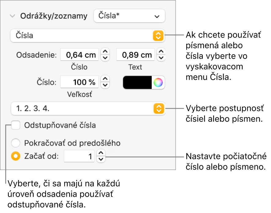 Ovládacie prvky na zmenu štýlu číslovania a medzier zoznamu.