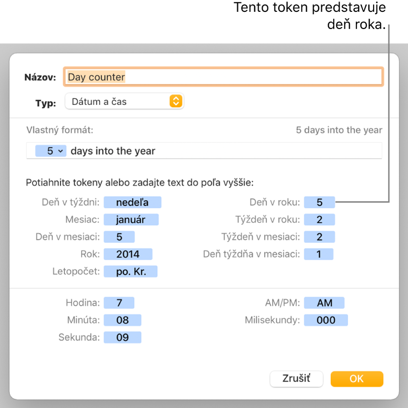 Okno vlastného formátu bunky s ovládacími prvkami na výber vlastného formátovania dátumu a času.