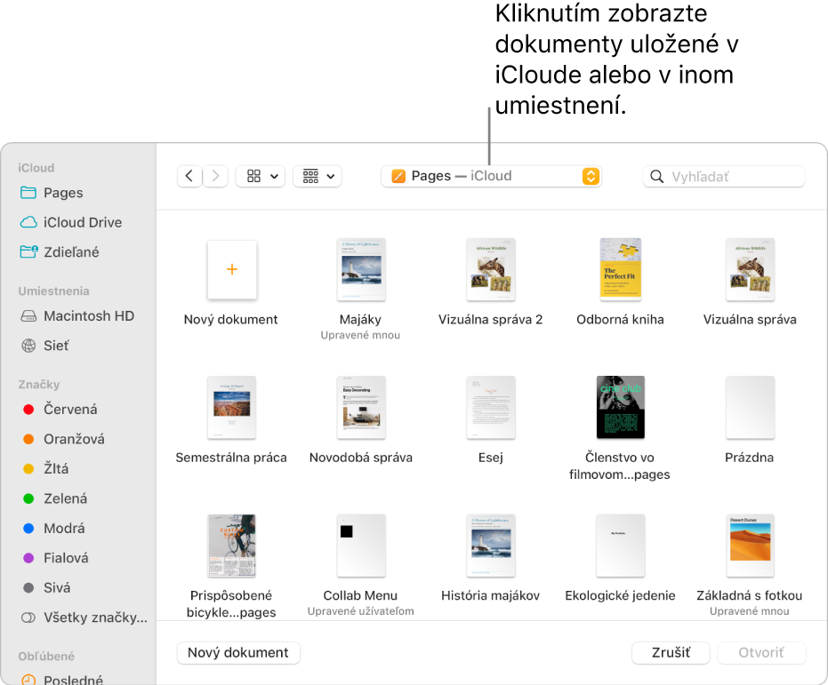 Dialógové okno Otvoriť s postranným panelom naľavo a iCloud Drive vybraný vo vyskakovacom menu navrchu. Priečinky pre Keynote, Numbers a Pages sa objavia v dialógovom okne spolu s tlačidlom Nový dokument.