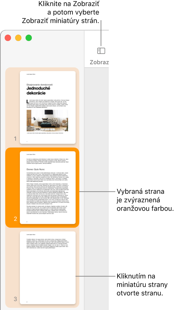 Postranný panel v ľavej časti okna Pages s otvoreným zobrazením Miniatúry strán a vybratou stranou zvýraznenou tmavooranžovou farbou.