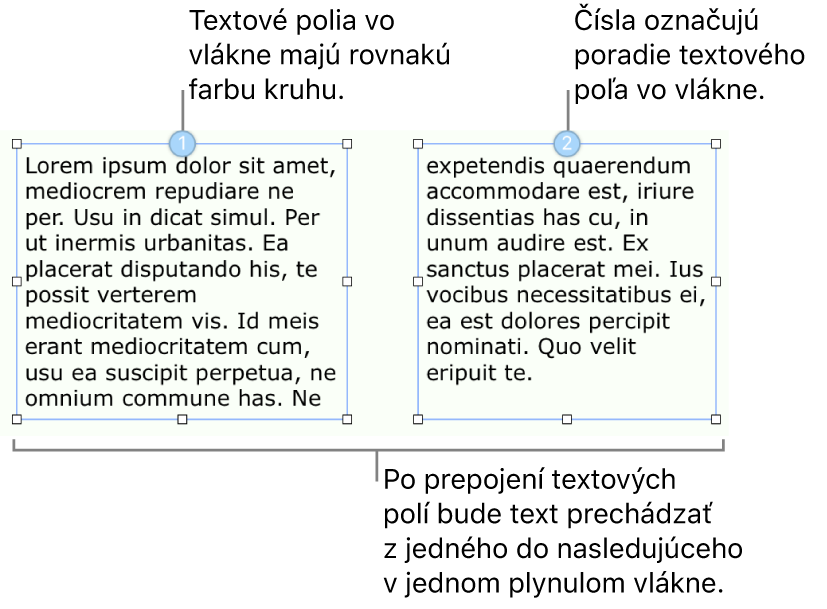 Dve textové polia s modrými kruhmi v hornej časti a číslami 1 a 2 v kruhoch.