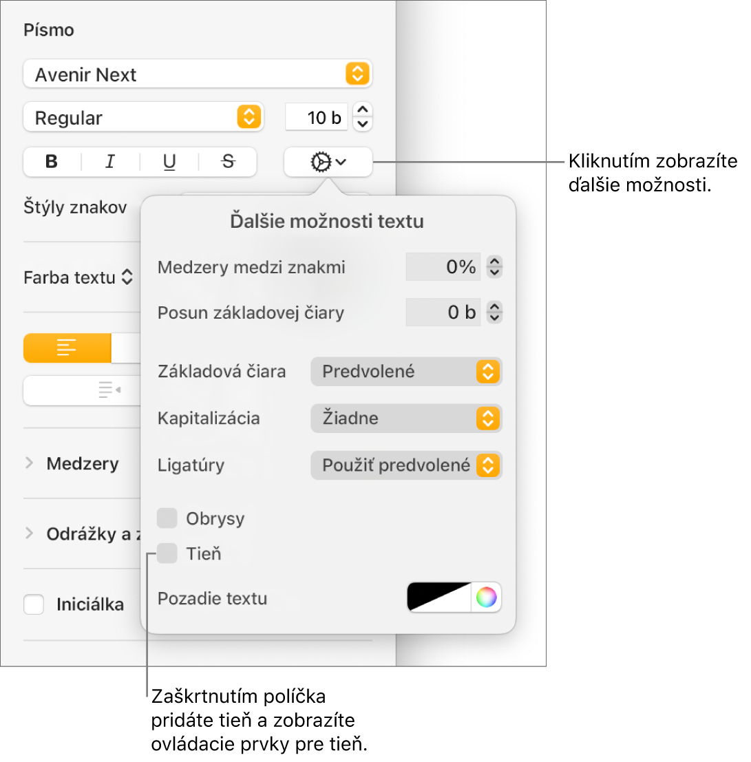 Menu Rozšírené možnosti otvorené so zaškrtnutým políčkom Tiene a ovládacími prvkami pre nastavenie rozostrenia, odsadenia, nepriehľadnosti, uhla a farby.