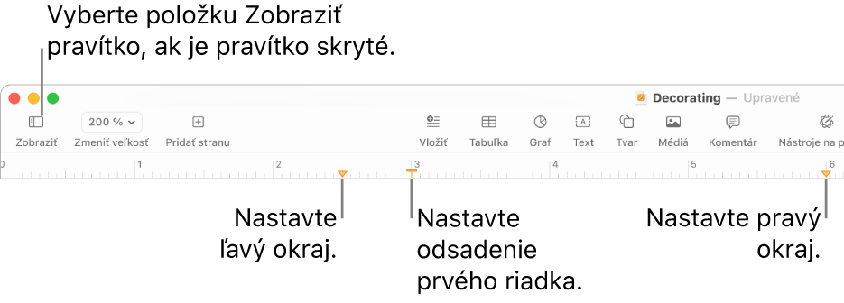 Pravítko s ovládacím prvkom ľavého okraja a ovládacím prvkom odsadenia prvého riadka.