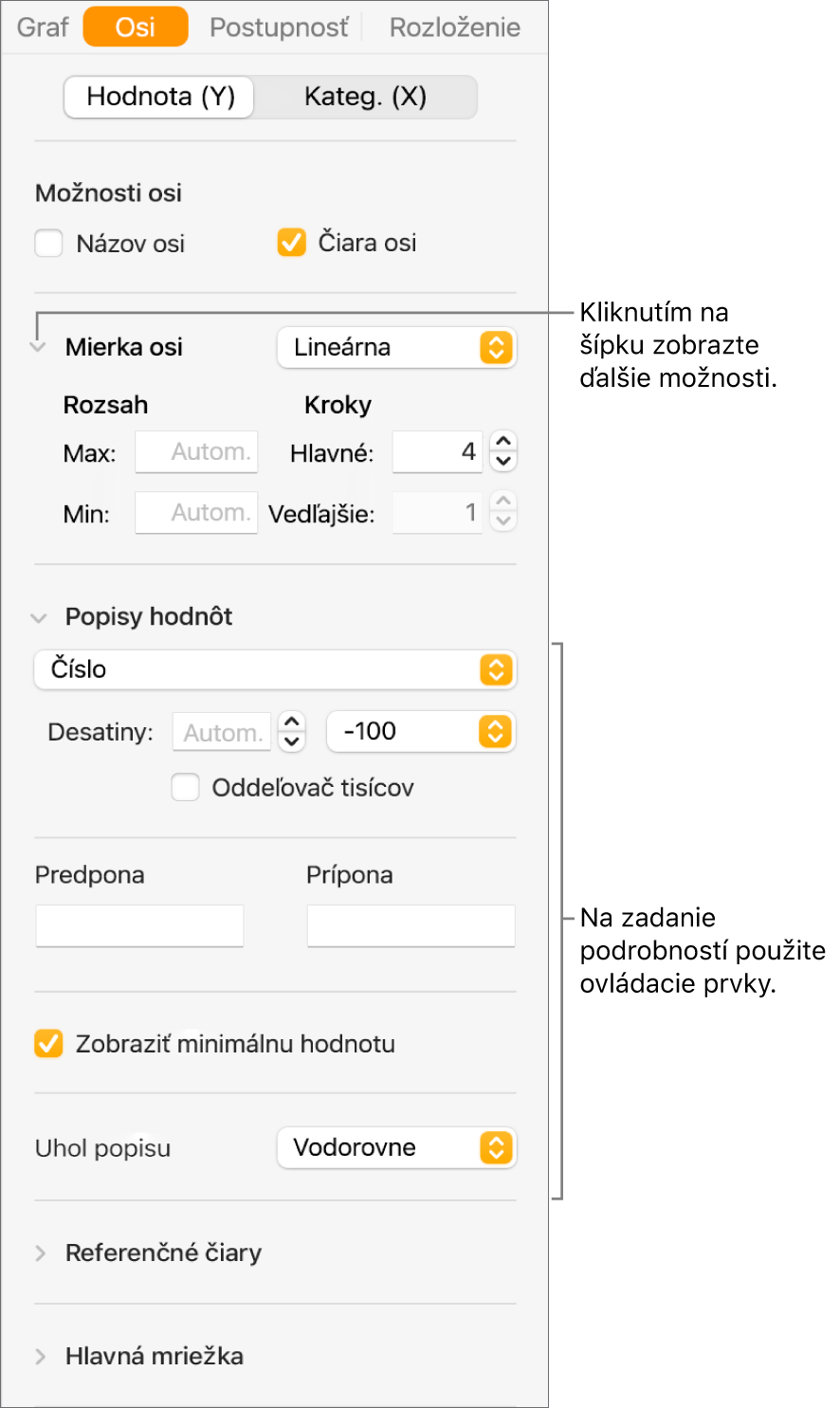 Ovládacie prvky na formátovanie značiek osi grafu.