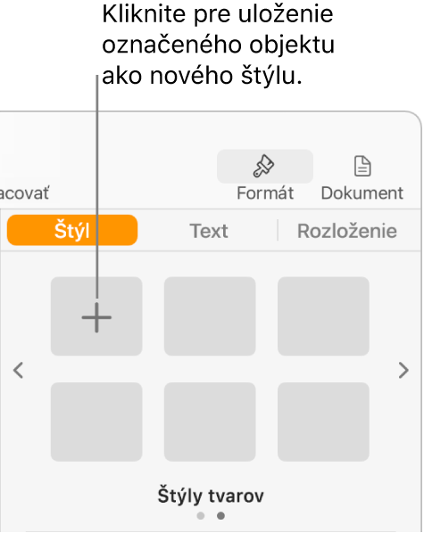 Záložka Štýl postranného panela Formát s tlačidlom Vytvoriť štýl v ľavom hornom rohu a piatimi prázdnymi vzorovými štýlmi.