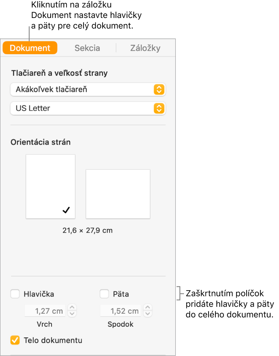 Postranný panel Dokument s označenou záložkou Dokument v hornej časti postranného panela. Pod zaškrtávacími políčkami Hlavička a Päta sa nachádzajú šípky na zmenu vzdialenosti hlavičiek a piat od hornej a dolnej časti strany.