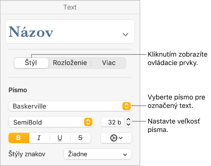 Ovládacie prvky textu v časti Štýl postranného panela Formát na nastavenie písma a veľkosti písma.