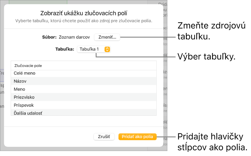 Panel Zobraziť ukážku zlučovacích polí je otvorený s možnosťami na zmenu zdrojového súboru alebo tabuľky, ukážku názvov zlučovacích polí alebo na pridanie hlavičiek stĺpcov ako polí.