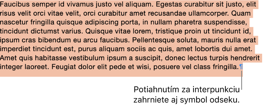 Označený odsek so symbolom odseku zahrnutom vo výbere.
