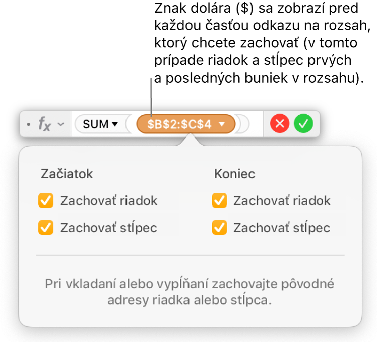 Editor vzorcov zobrazuje možnosti Zachovať riadok a Zachovať stĺpec vybrané pre určitý rozsah.