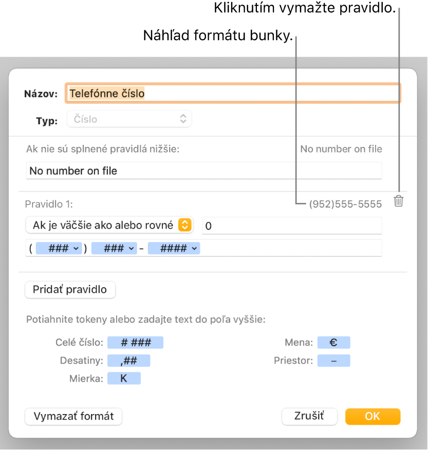 Okno vlastného formátu bunky s ovládacími prvkami na výber vlastného formátovania čísiel.