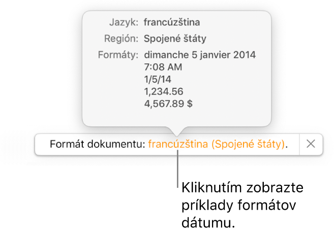 Hlásenie o inom jazyku a nastavení regiónu zobrazujúce príklady formátovania v danom jazyku a regióne.