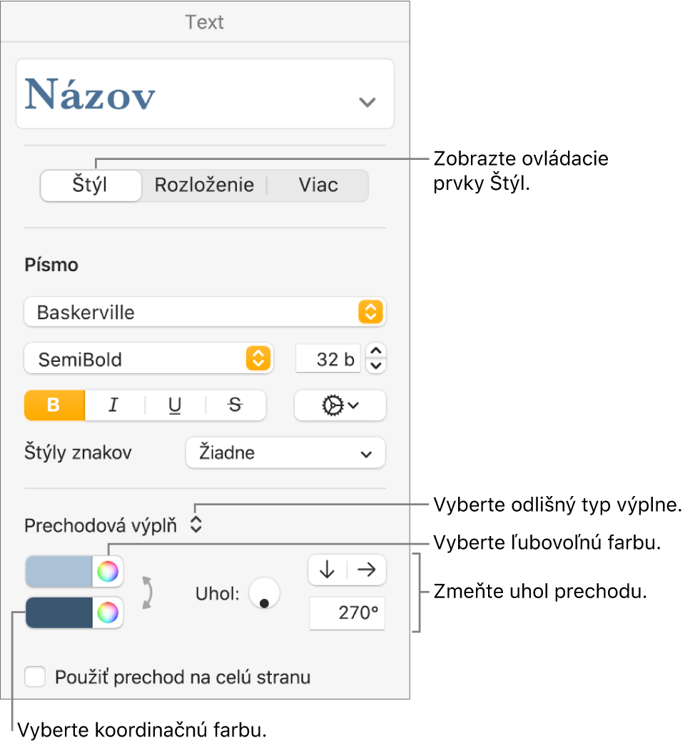 Ovládacie prvky na výber predvolených farieb alebo akejkoľvek farby.