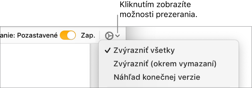 Menu s možnosťami revízie zobrazujúce funkcie Značka, Označiť bez vymazania a Konečné.