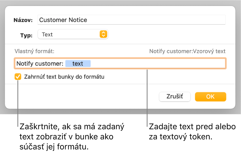 Okno vlastného formátu bunky s ovládacími prvkami na výber vlastného formátovania textu.