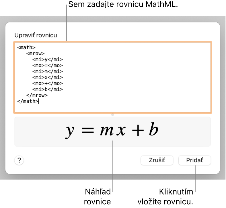 Rovnica sklonu čiary v poli Upraviť rovnicu, nižšie sa nachádza náhľad vzorca.