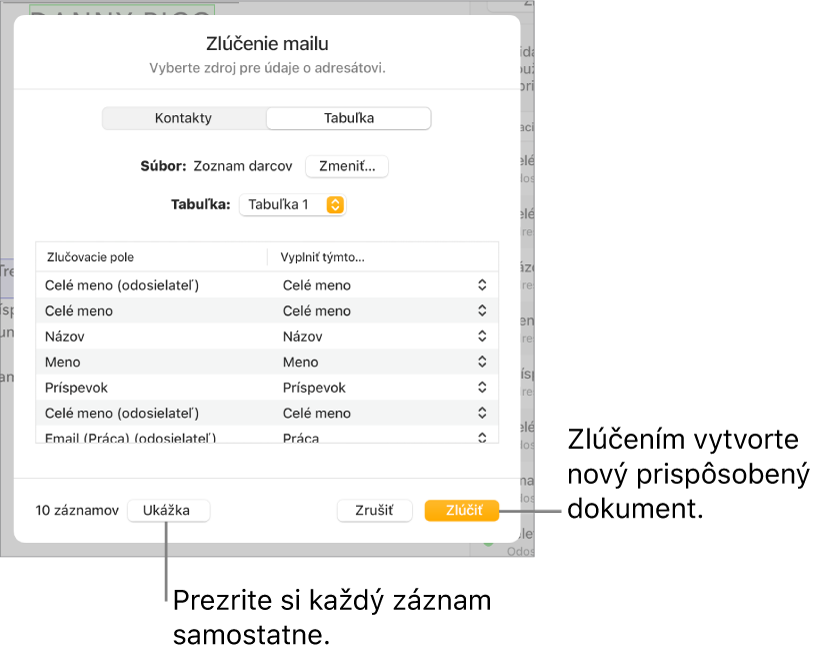Panel Zlučovacie polia je otvorený s možnosťami na zmenu zdrojového súboru alebo tabuľky, ukážku názvov zlučovacích polí alebo jednotlivých záznamov, alebo na zlúčenie dokumentu.