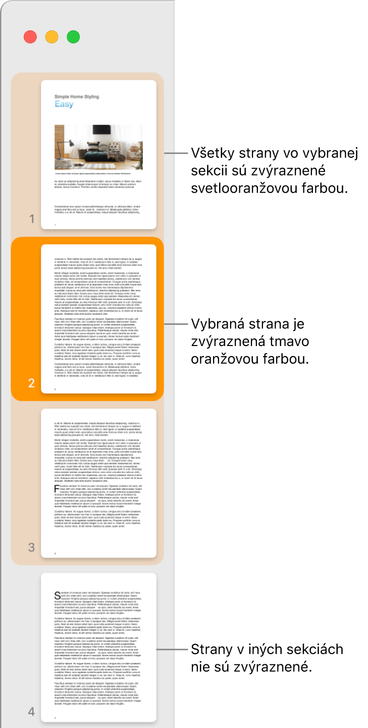 Postranný panel Zobrazenie miniatúr s vybranou stranou, ktorá je zvýraznená tmavooranžovou farbou. Všetky strany vo vybranej sekcii sú zvýraznené svetlooranžovou farbou.
