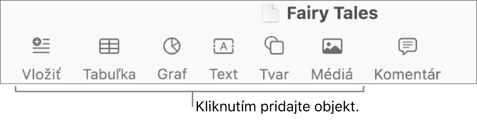 Panel s nástrojmi s tlačidlami na pridávanie tabuliek, grafov, textu, tvarov a médií.