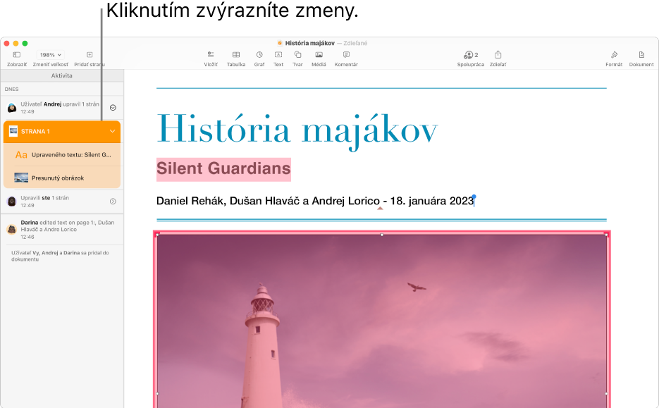 Dokument na spoluprácu s otvoreným menu spolupráce a zoznamom aktivity.