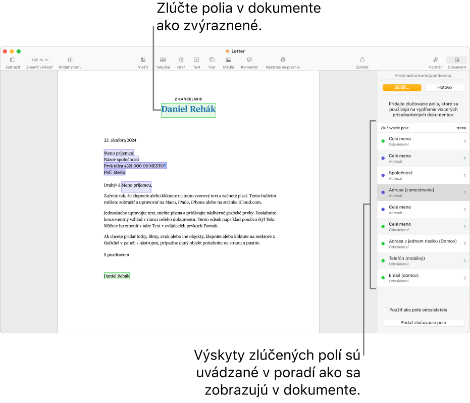 Dokument v Pages so zlučovacími poliami pre príjemcu a odosielateľa a zoznam inštancií zlučovacích polí viditeľný v postrannom paneli Dokument.