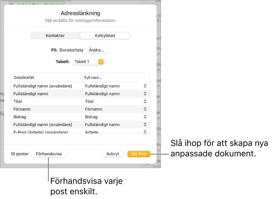 Adresslänkningspanelen är öppen med alternativ ändra källfil eller -tabell, förhandsvisa datalänkfältsnamn eller enskilda poster eller länka dokumentet.
