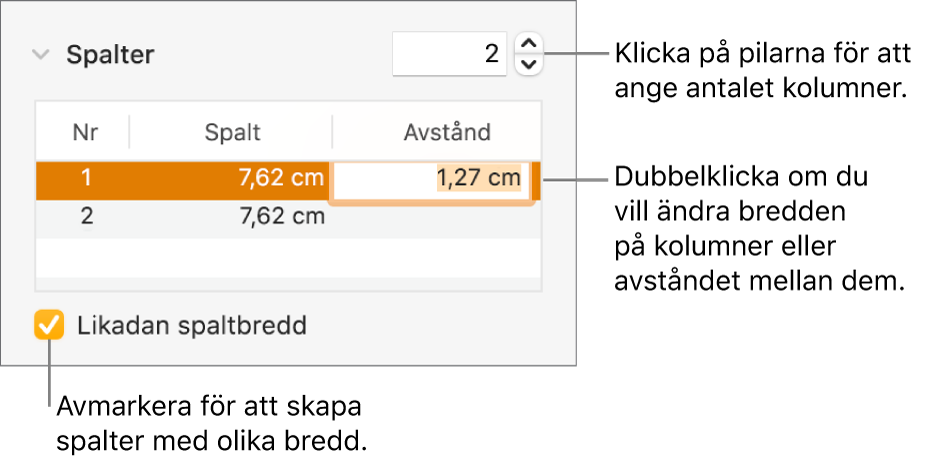 Layoutpanelen i formatgranskaren med spaltreglage.