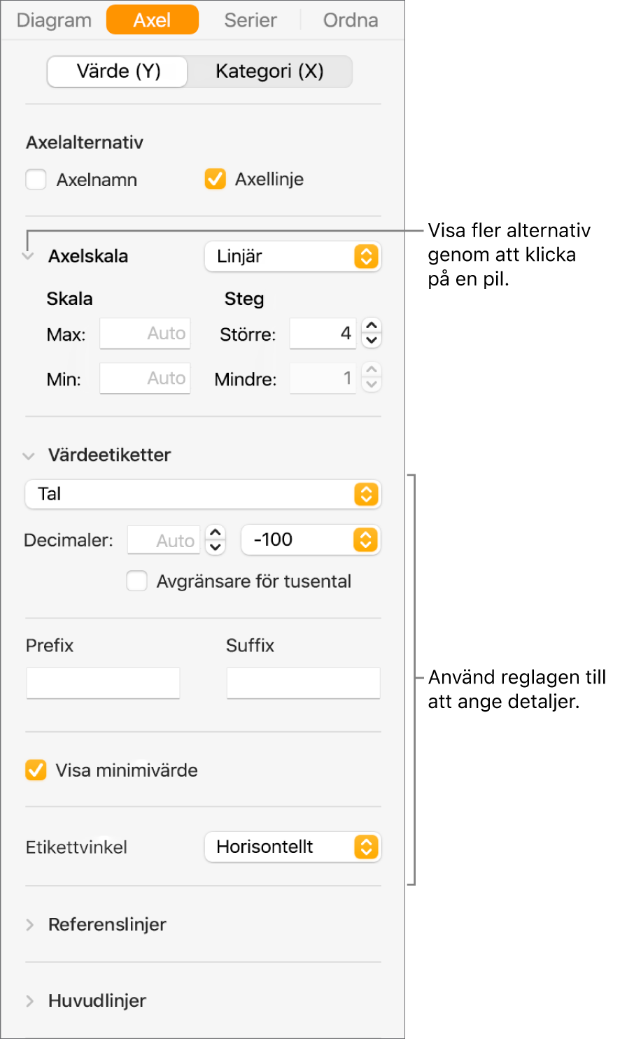 Reglage för formatering av diagramaxelmarkeringar.