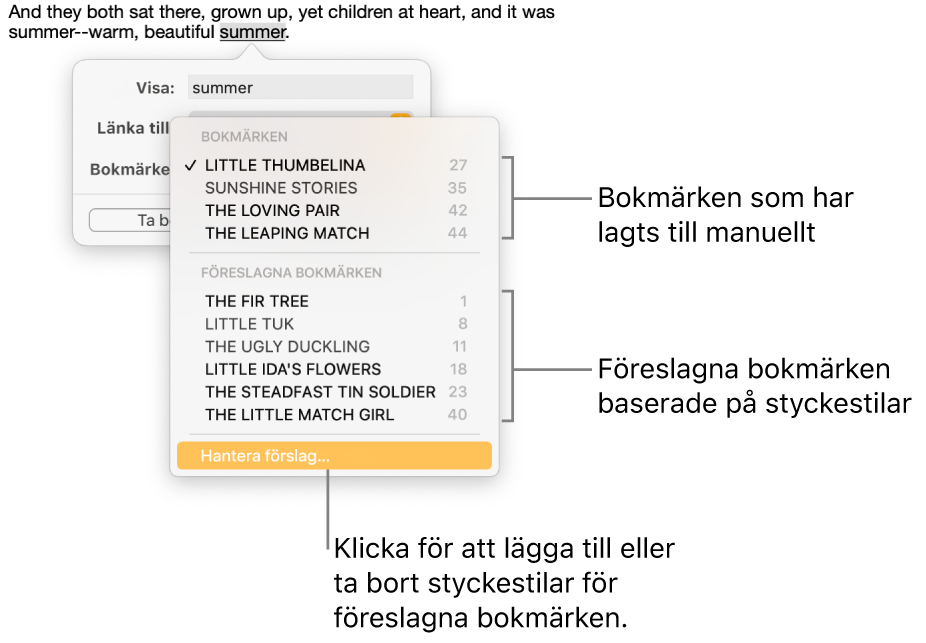 Bokmärkeslistan med manuellt tillagda bokmärken högst upp och föreslagna bokmärken under dem. Alternativet Hantera förslag finns längst ned.
