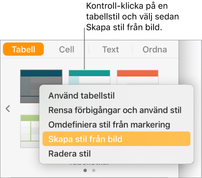 Kontextmenyn för tabellstilar.