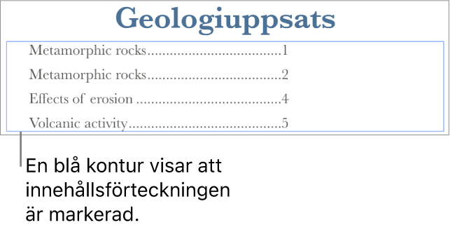 En innehållsförteckning infogad i ett dokument. Posterna visar rubriker och deras sidnummer.