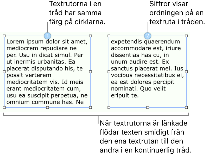 Två textrutor med blå cirklar högst upp och siffrorna 1 och 2 i cirklarna.