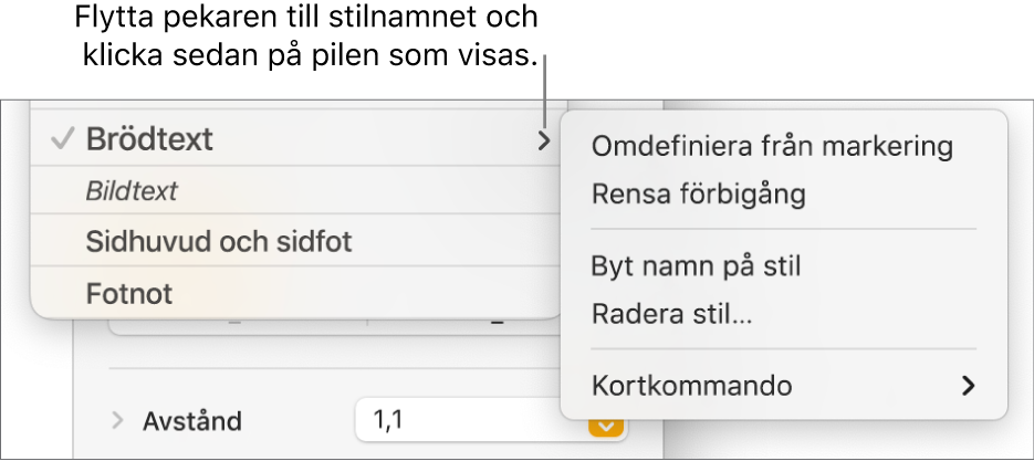 Menyn Styckestilar med öppen kontextmeny.