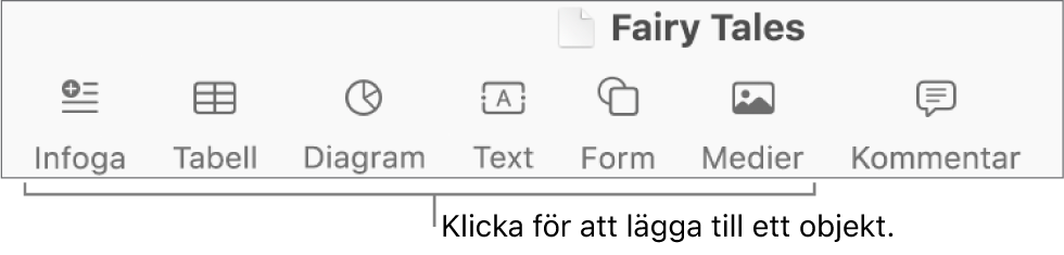 Verktygsfältet med knappar för att lägga till tabeller, diagram, text, former och medier.