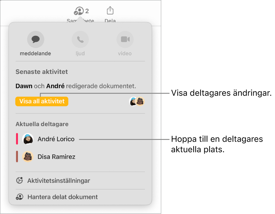 Samarbetsmenyn med två aktuella deltagare listade.