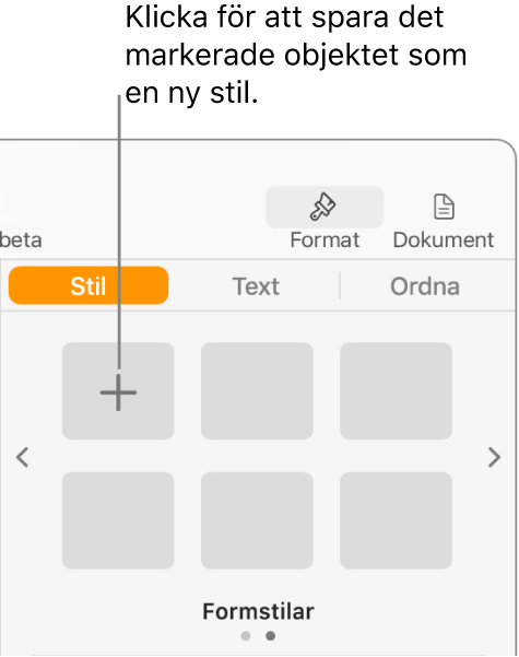 Fliken Stil i formatsidofältet med knappen Skapa stil i det övre vänstra hörnet och fem tomma stilplatshållare.