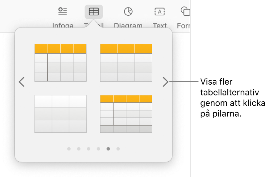 Menyn Lägg till tabell med navigeringspilar.