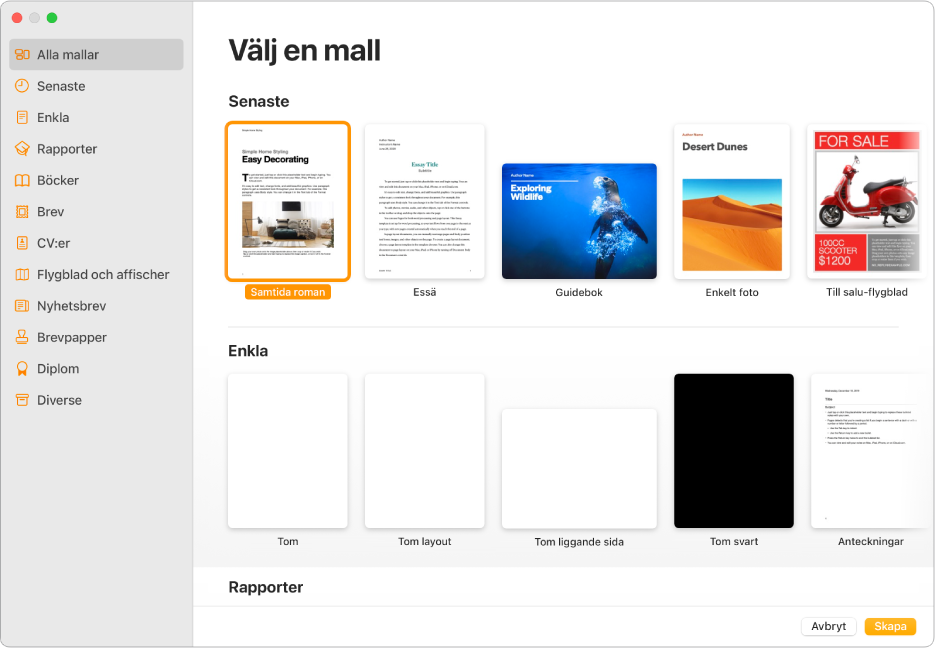 Mallväljaren. Ett sidofältet till vänster innehåller en lista med mallkategorier som du kan klicka på för att filtrera alternativen. Till höger finns miniatyrer av fördefinierad mallar som är arrangerade i rader efter kategori. Knapparna Avbryt och Skapa finns i det nedre högra hörnet.