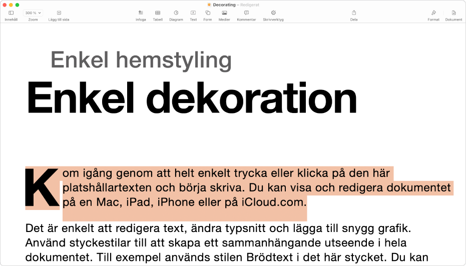 I ett öppet dokument med markerad mallplatshållartext.