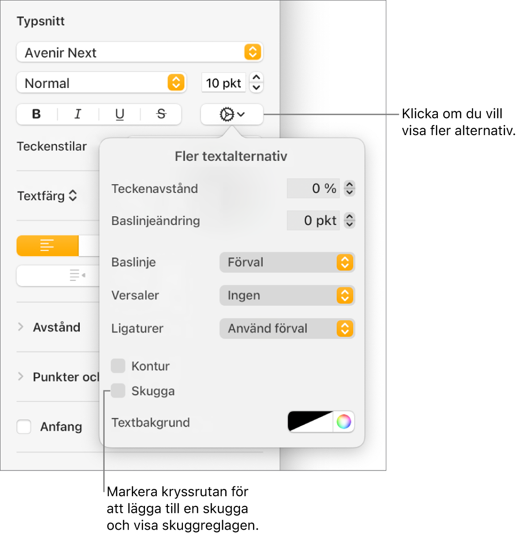 Menyn Avancerade alternativ är öppen med kryssrutan Skuggor markerad och reglage för inställning av oskärpa, förskjutning, opacitet, vinkel och färg.