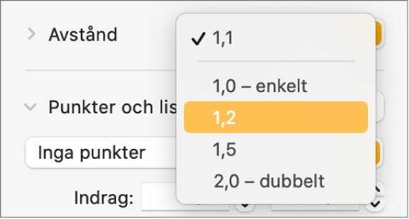 Popupmenyn Avstånd med Enkelt, Dubbelt och andra alternativ.