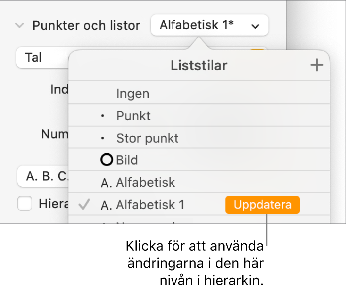 Popupmenyn Liststilar med knappen Uppdatera bredvid namnet på den nya stilen.