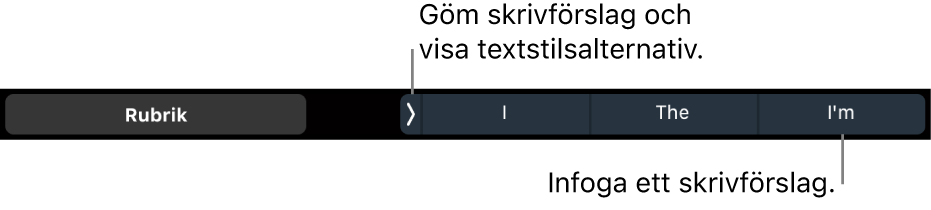 Touch Bar på MacBook Pro med reglage för att välja en textstil, gömma skrivförslag och infoga skrivförslag.