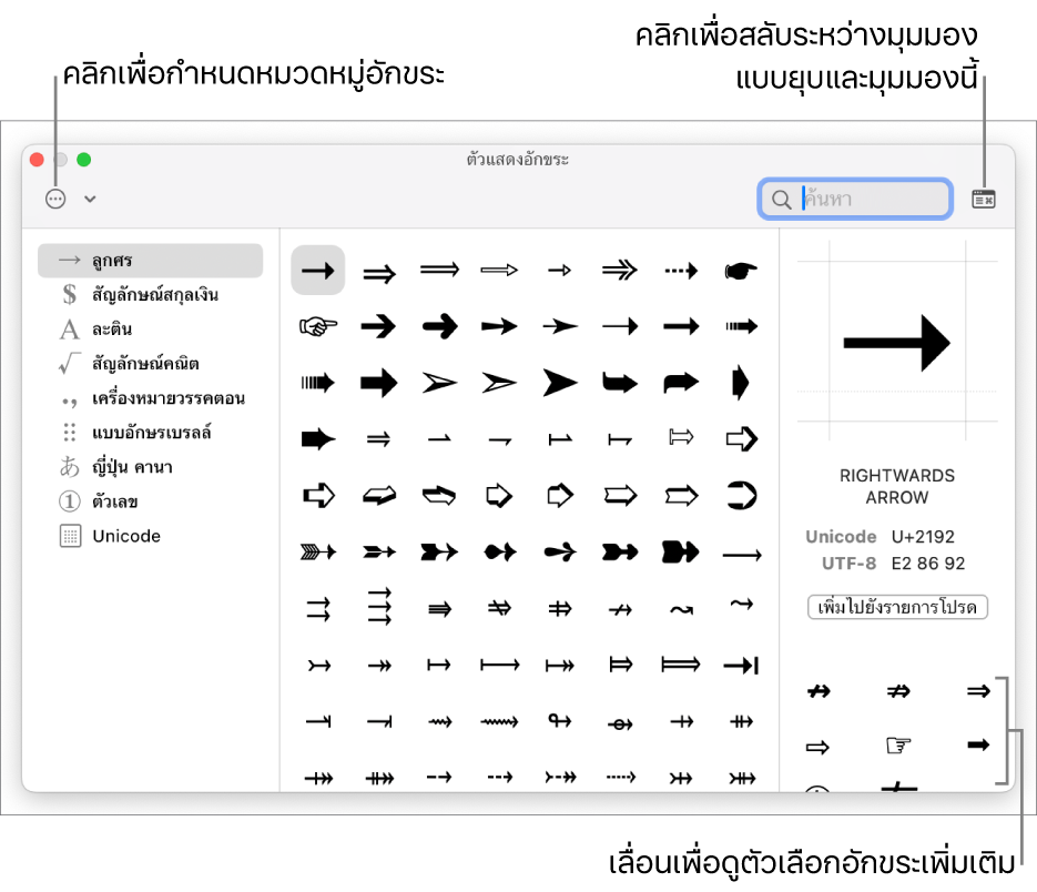 หน้าต่างแสดงอักขระที่ขยายออกซึ่งแสดงอักขระและสัญลักษณ์พิเศษ เมนูสำหรับหมวดหมู่สัญลักษณ์ต่างๆ ทางด้านซ้าย และปุ่มที่มุมขวาบนสุดที่ช่วยให้คุณย้อนกลับไปยังมุมมองที่ยุบได้