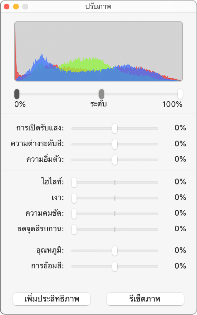 หน้าต่างปรับภาพที่มีตัวเลื่อนเพื่อตั้งค่าการเปิดรับแสง ความต่างระดับสี ความอิ่มตัว ไฮไลท์ เงา ความชัด ลดนอยซ์ อุณหภูมิ และสีอ่อน