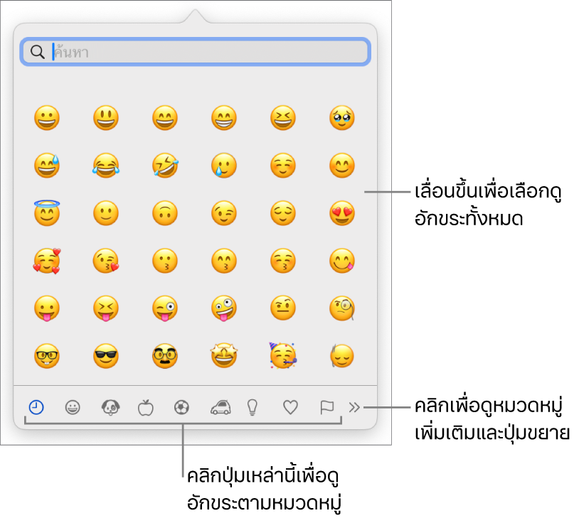 หน้าต่างแสดงอักขระที่แสดงอิโมจิ ปุ่มสำหรับหมวดหมู่สัญลักษณ์ต่างๆ ที่ด้านล่างสุด และปุ่มที่แสดงหมวดหมู่เพิ่มเติมและปุ่มขยาย