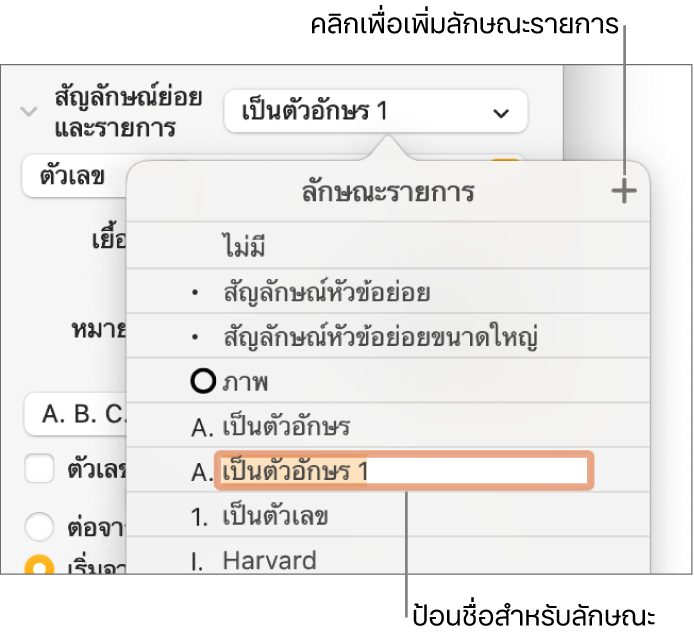 เมนูลักษณะรายการที่แสดงขึ้นที่มีปุ่มเพิ่มอยู่มุมขวาบนสุด และชื่อลักษณะช่องพักที่มีข้อความที่เลือกอยู่