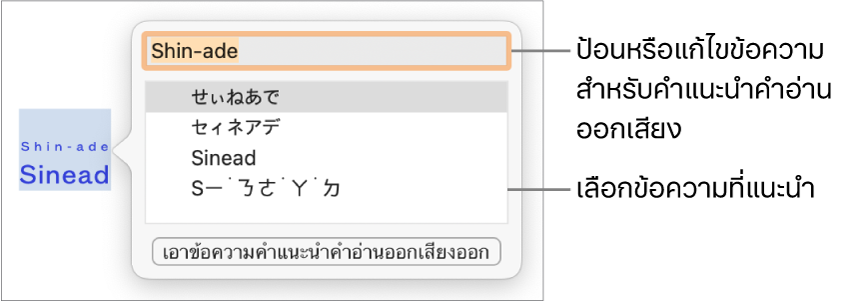 ตัวช่วยการออกเสียงเปิดสำหรับคำ ที่มีคำบรรยายไปยังช่องข้อความและข้อความที่แนะนำ