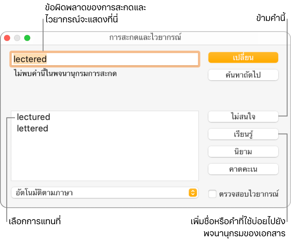 หน้าต่างการสะกดและไวยากรณ์