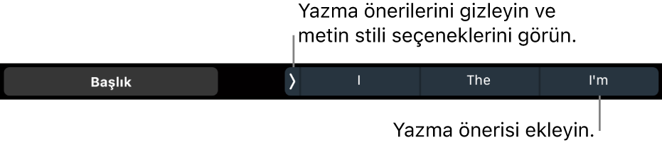Metin stili seçme, yazma önerilerini gizleme ve yazma önerilerini girme denetimleri ile MacBook Pro Touch Bar.